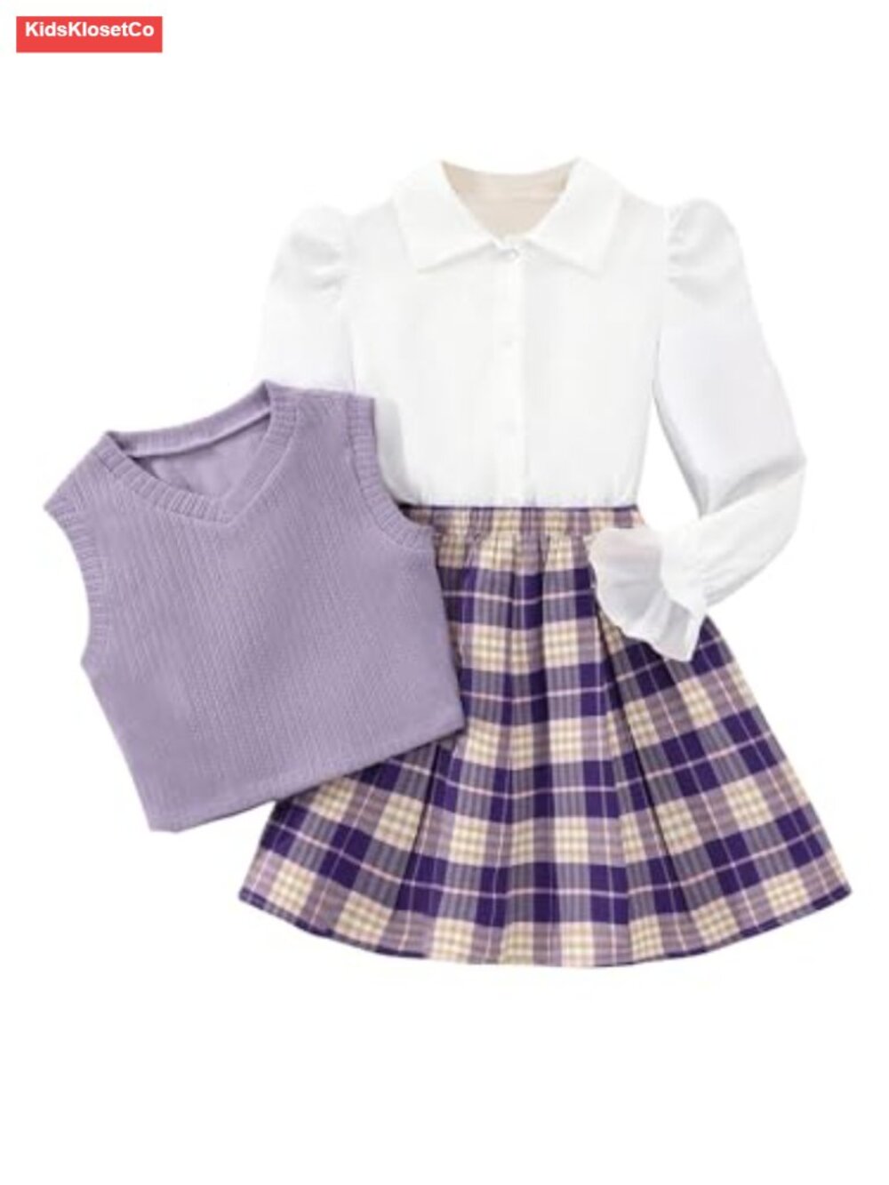 Girls 3 Piece Skirt Outfit Long Sleeve Button Down Shirt Pullover Sweater Vest
